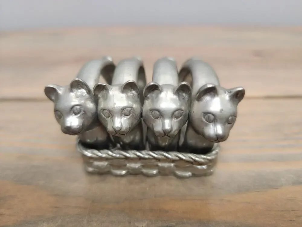 Vtg 80s Kitty Cats in Basket Pewter Napkin Rings Set of 4 Seagull Canada
